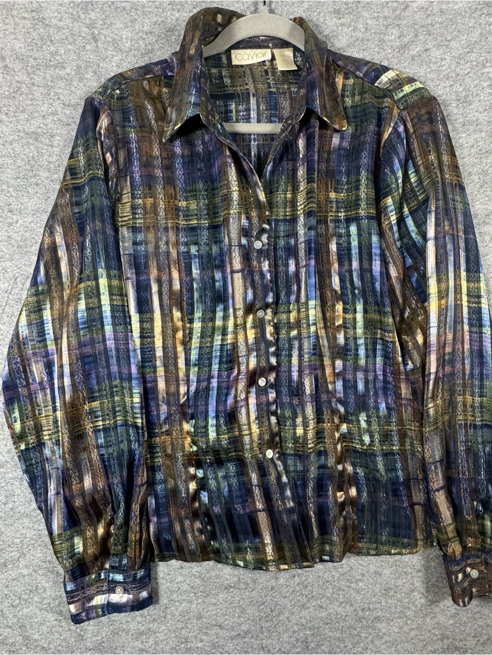 Caviar Metallic Plaid Button-Down Blouse — Multicolor